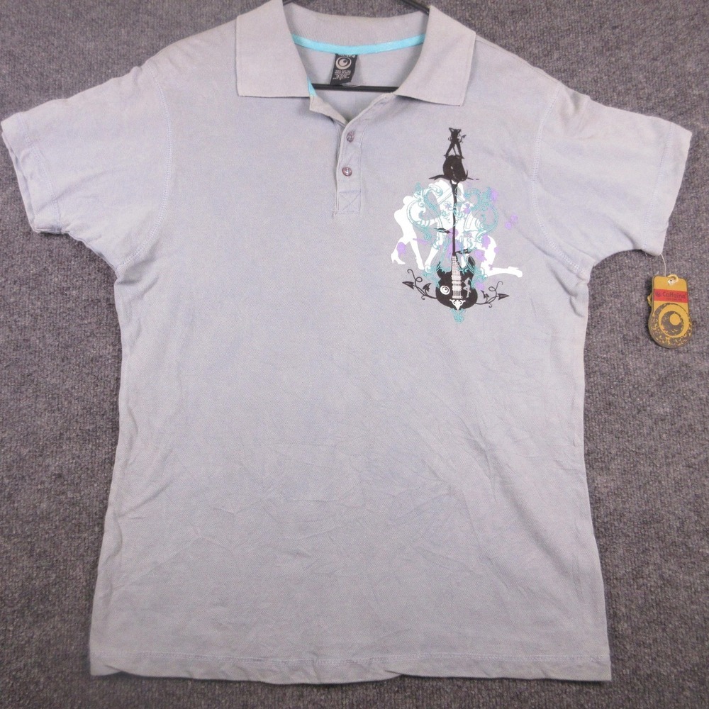 Y2K Caffeine Polo Shirt Mens Small Gray Guitar Graphic Print Rock New York City